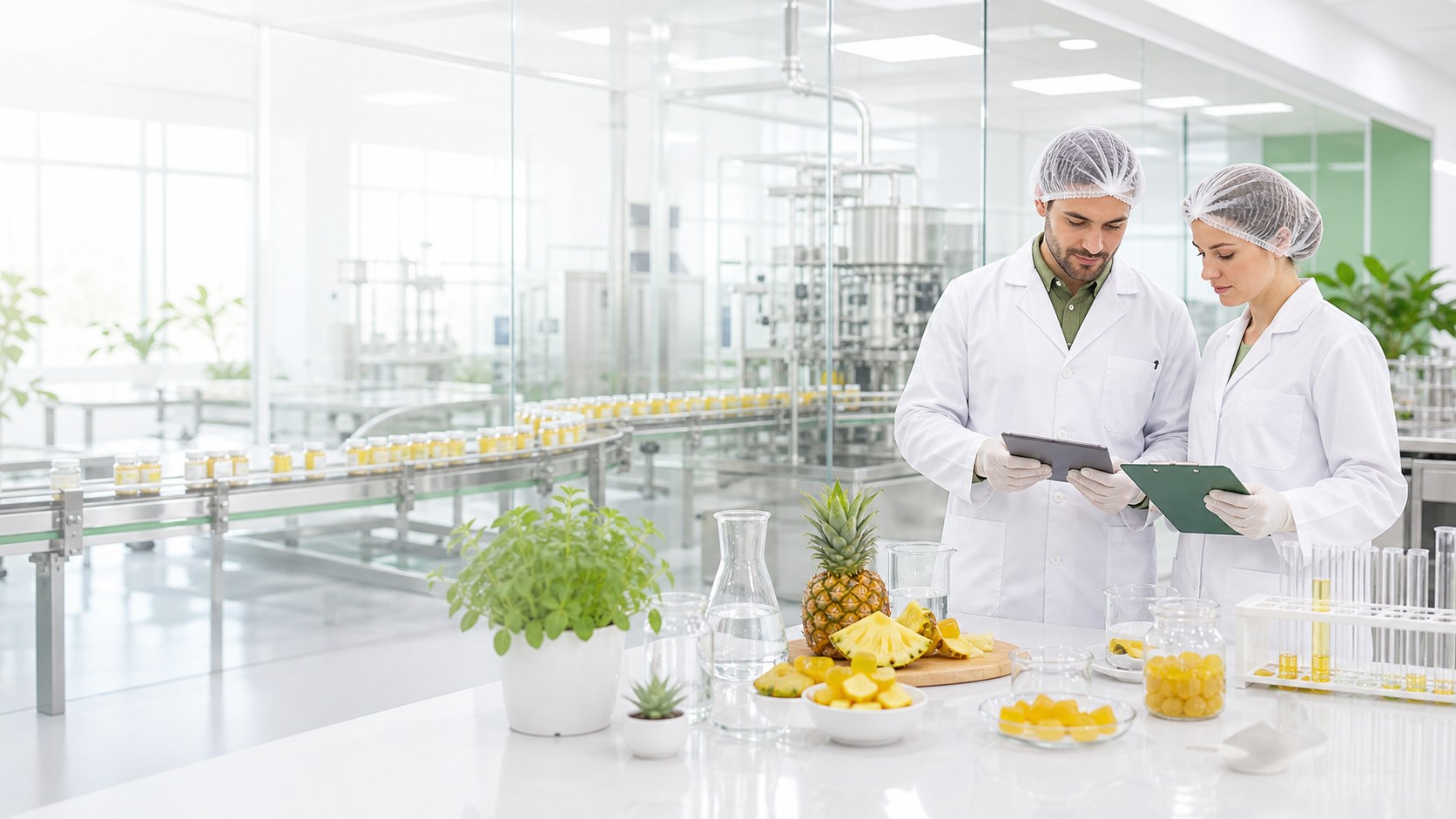 Bright supplement production lab with HealthNovaTech gummies and pineapple samples