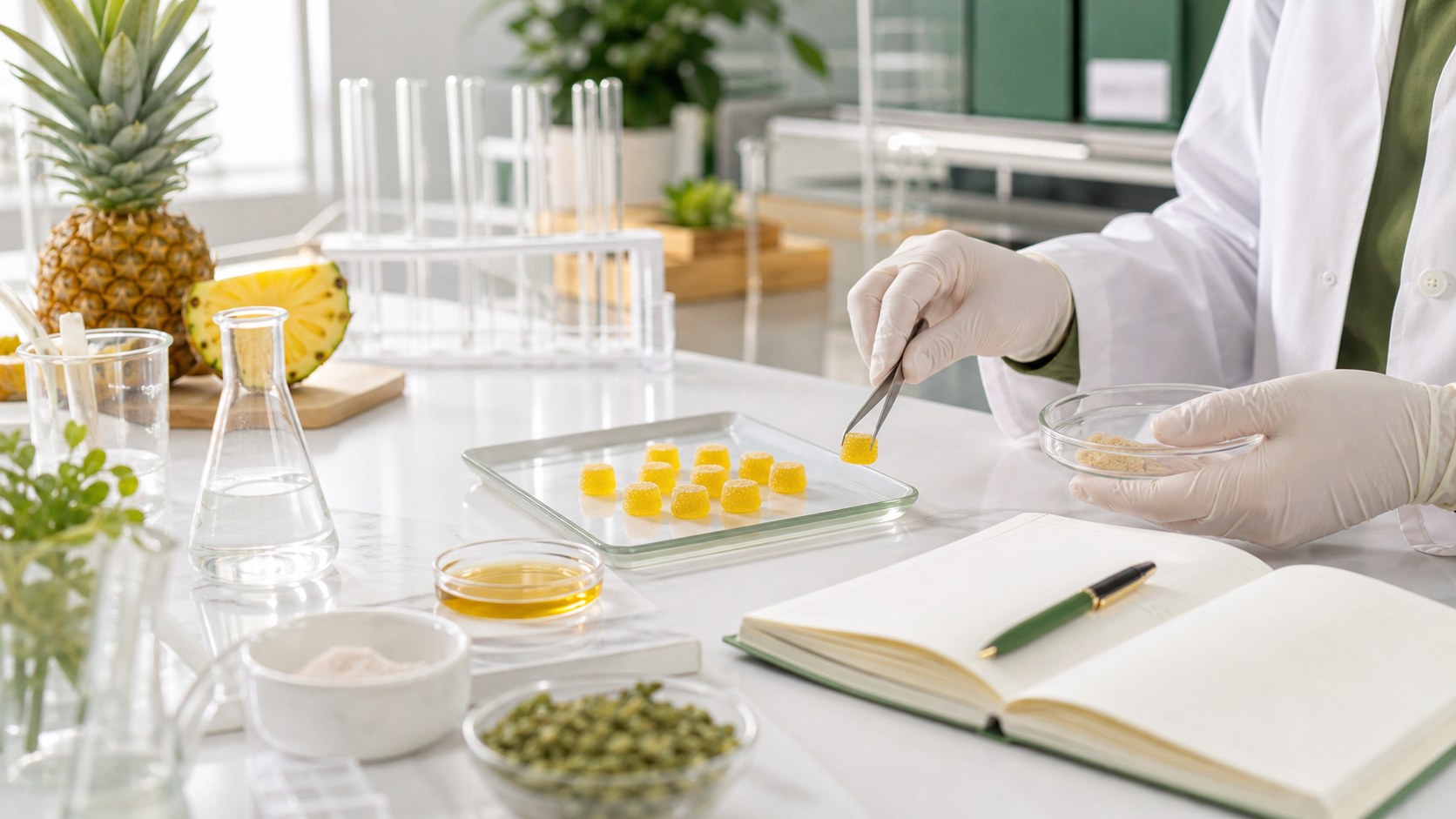 Clean formulation workspace with supplement samples and lab notes