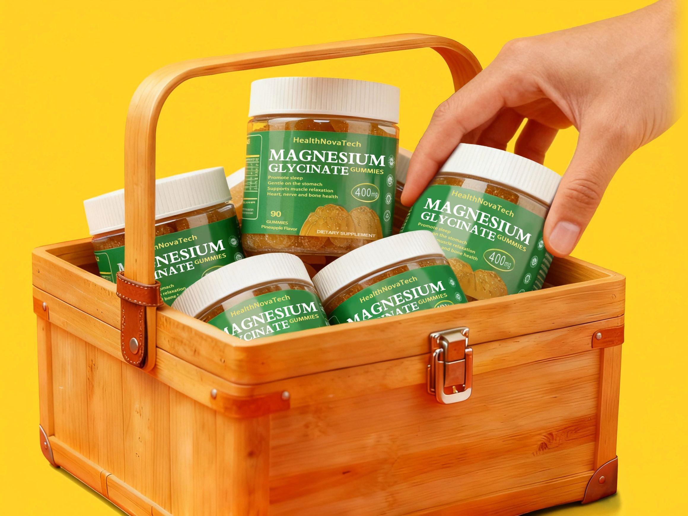 HealthNovaTech Magnesium Glycinate Gummies displayed in a wooden basket