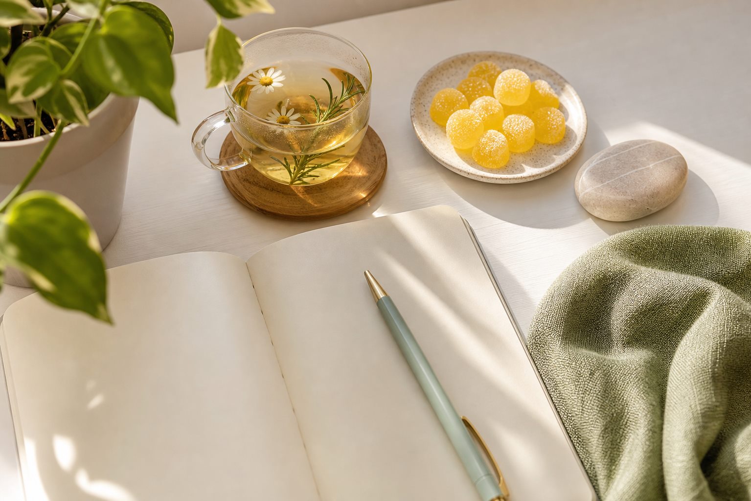 A quiet wellness routine desk with tea, gummies, a notebook, and a plant